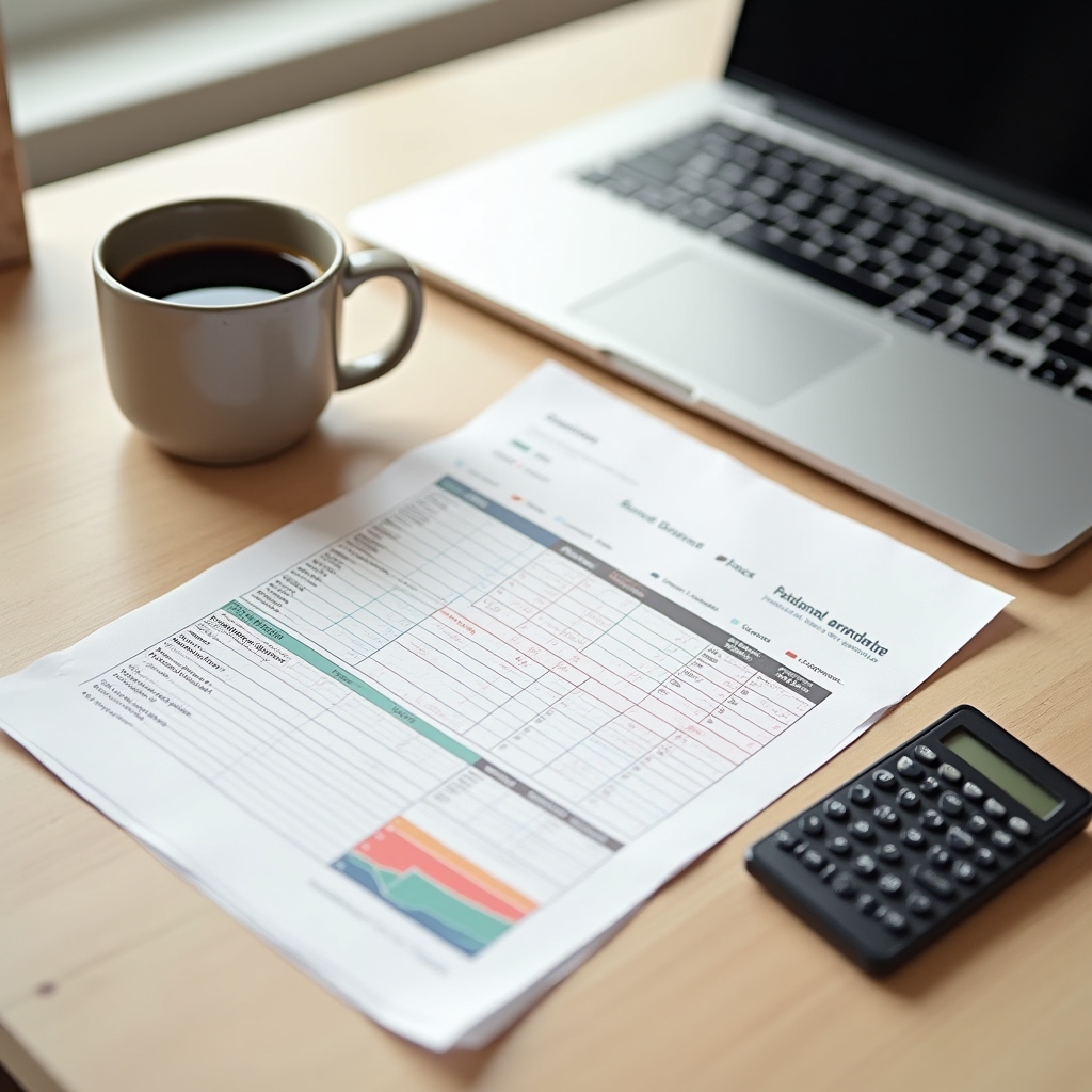 Clean desk with budgeting spreadsheet, calculator and coffee cup in professional home office setting