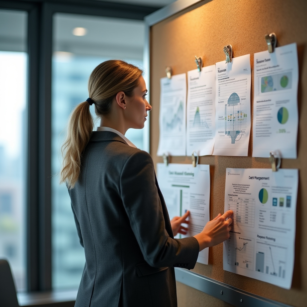 Financial professional reviewing debt management concepts with printed diagrams and interest rate charts