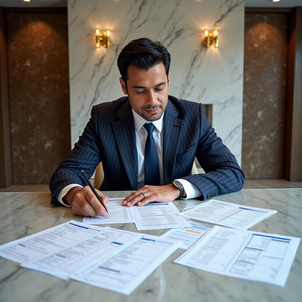 Professional reviewing emergency fund plan with financial documents spread on conference table