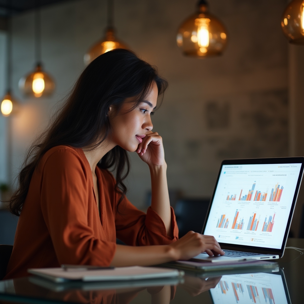 Person reviewing spending data on laptop screen with colorful charts and graphs